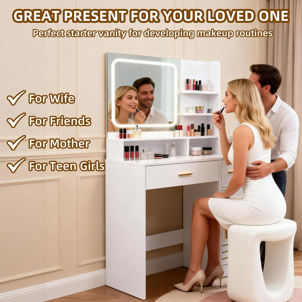 35.4" W Vanity Desk with Power Outlet Mirror and LED Lights Heavy Duty Makeup Vanitys Table with 2 Drawers & 3 Open Shelves & 1 Cabinet Storage for Bedroom Dressing, White