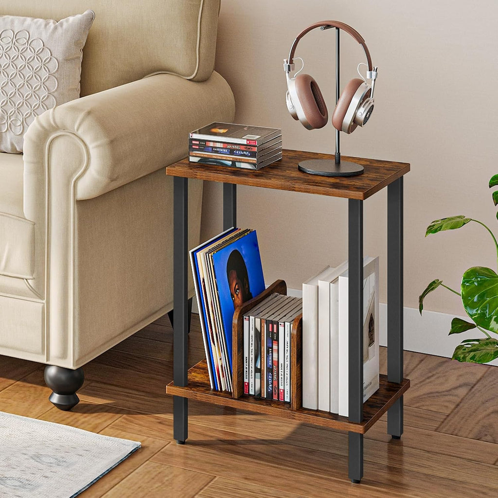 HOOBRO Small End Table, 2-Tier Record Player Stand Vinyl Record Turntable Stand with Storage up to 100 Albums, Small Side Table for Living Room, Bedroom Rustic Brown, FG05RS01
