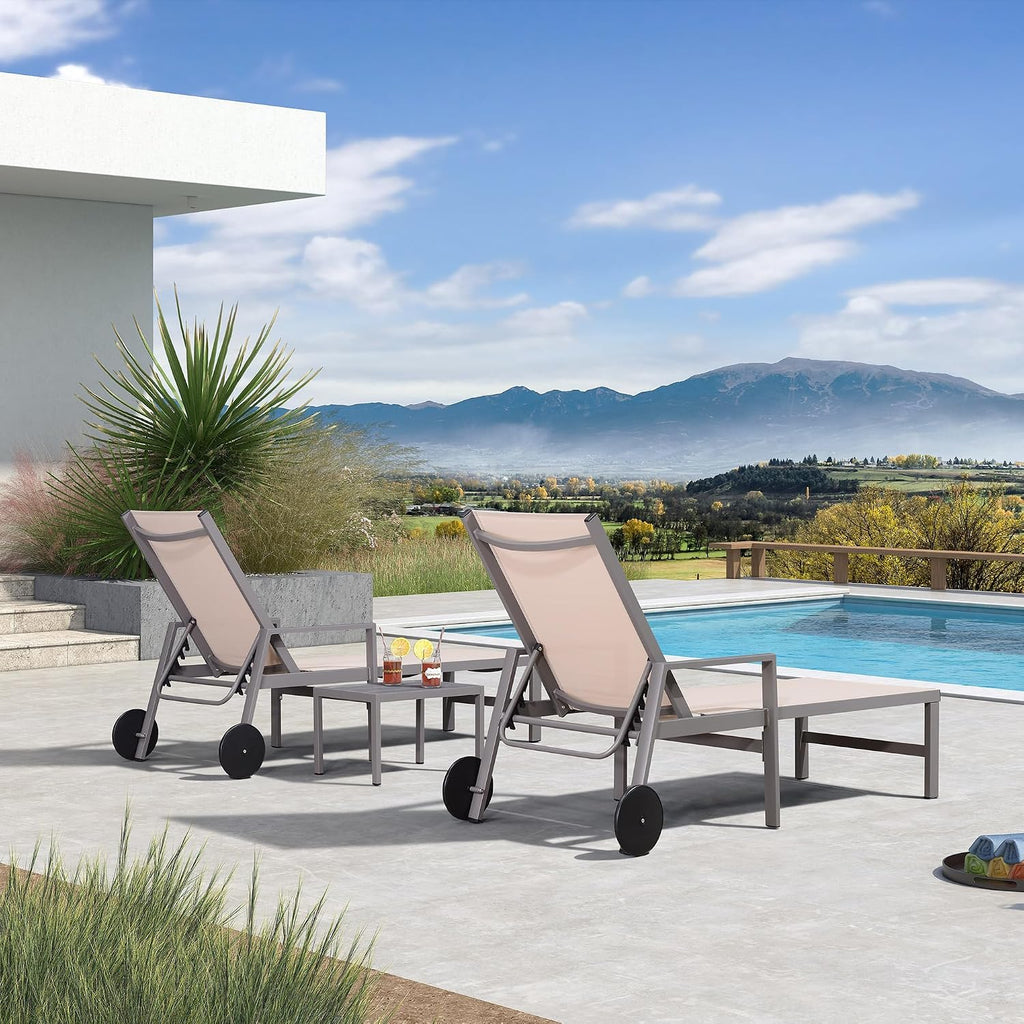 PURPLE LEAF Chaise Lounge Outdoor Set for 2 with Armrest, Khaki | All-aluminum supportive armrests, effortless sitting & standing transitions, stylish design, ultimate outdoor leisure