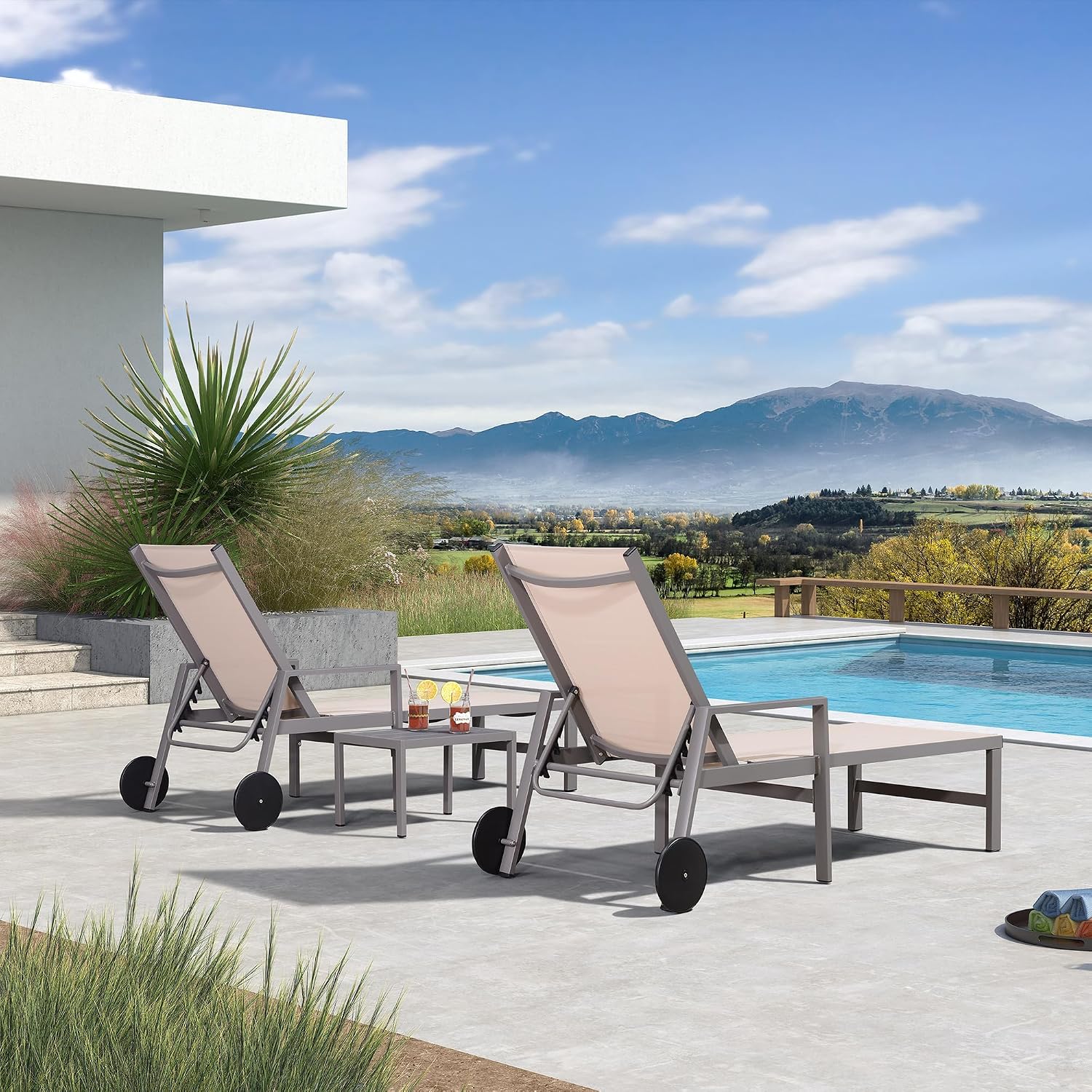 PURPLE LEAF Chaise Lounge Outdoor Set for 2 with Armrest, Khaki | All-aluminum supportive armrests, effortless sitting & standing transitions, stylish design, ultimate outdoor leisure