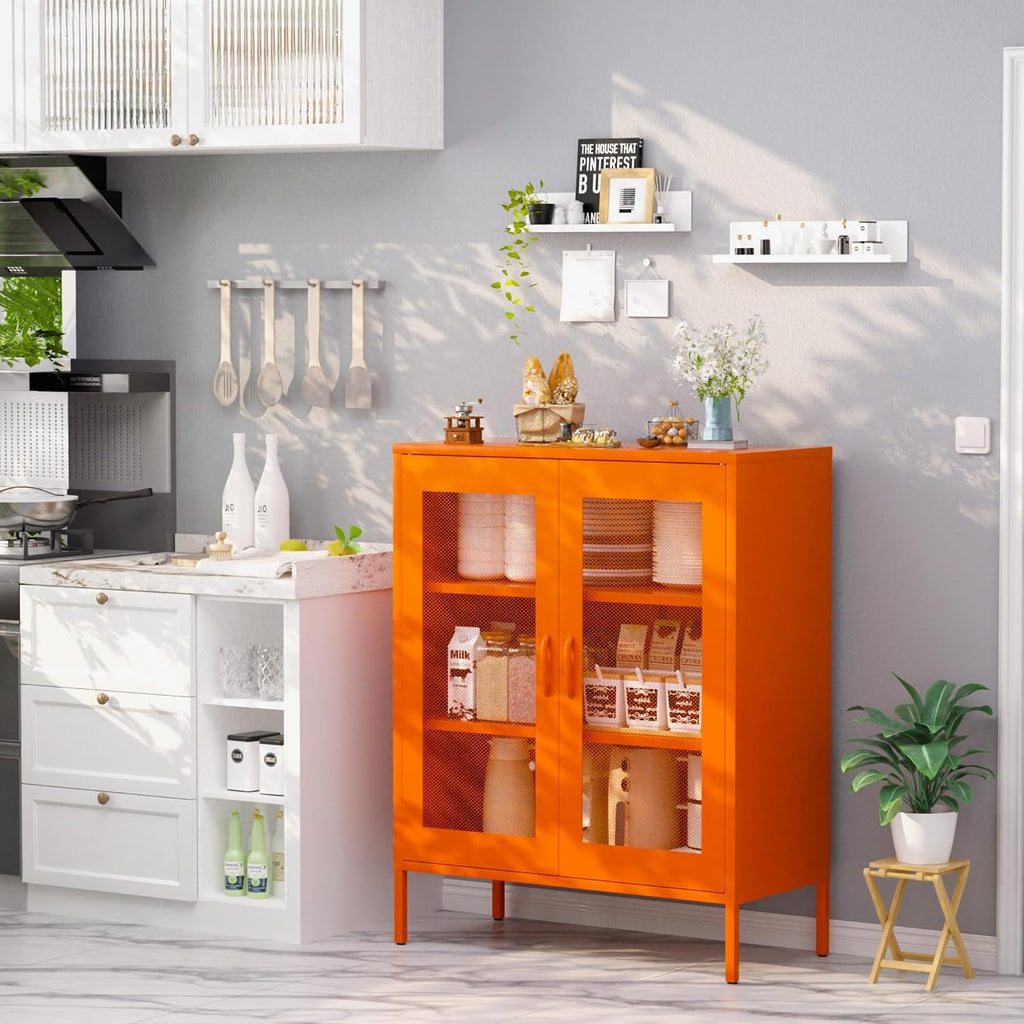 QINPTWUT 40" Industrial Storage Pantry, Kitchen Storage Cabinet with Mesh Door, 2 Adjustable Shelves, Freestanding for Kitchen, Dining Room,Bedroom, Workshop, Office, Garage (Orange, 40")