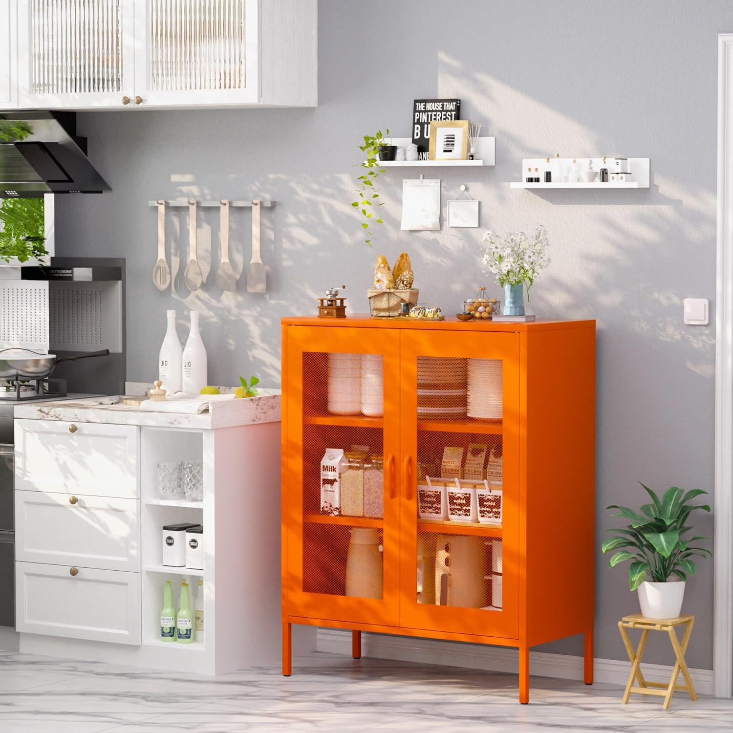 QINPTWUT 40" Industrial Storage Pantry, Kitchen Storage Cabinet with Mesh Door, 2 Adjustable Shelves, Freestanding for Kitchen, Dining Room,Bedroom, Workshop, Office, Garage (Orange, 40")