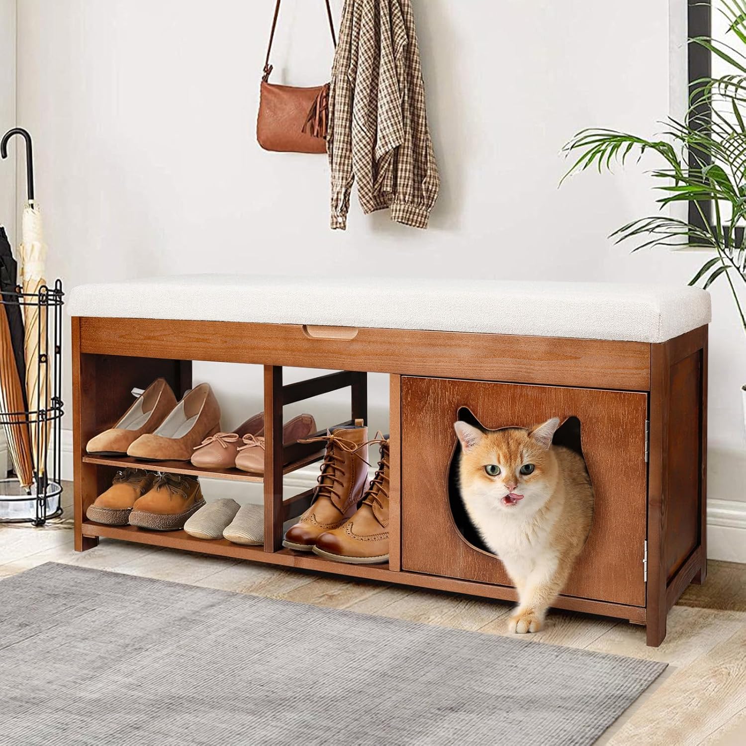 Shoe Bench with Cat Cabinet and Hidden Drawer, 2 Tier Entryway Bench with Storage 43.3 in, Solid Wood Shoe Rack with Cushion for Entryway Hallway Living Room Bedroom (400lbs+)