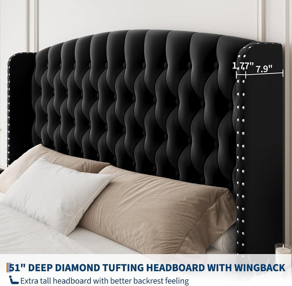 GarveeHome 51" Tall Queen Size Bed Frame with Wingback Headboard, Black