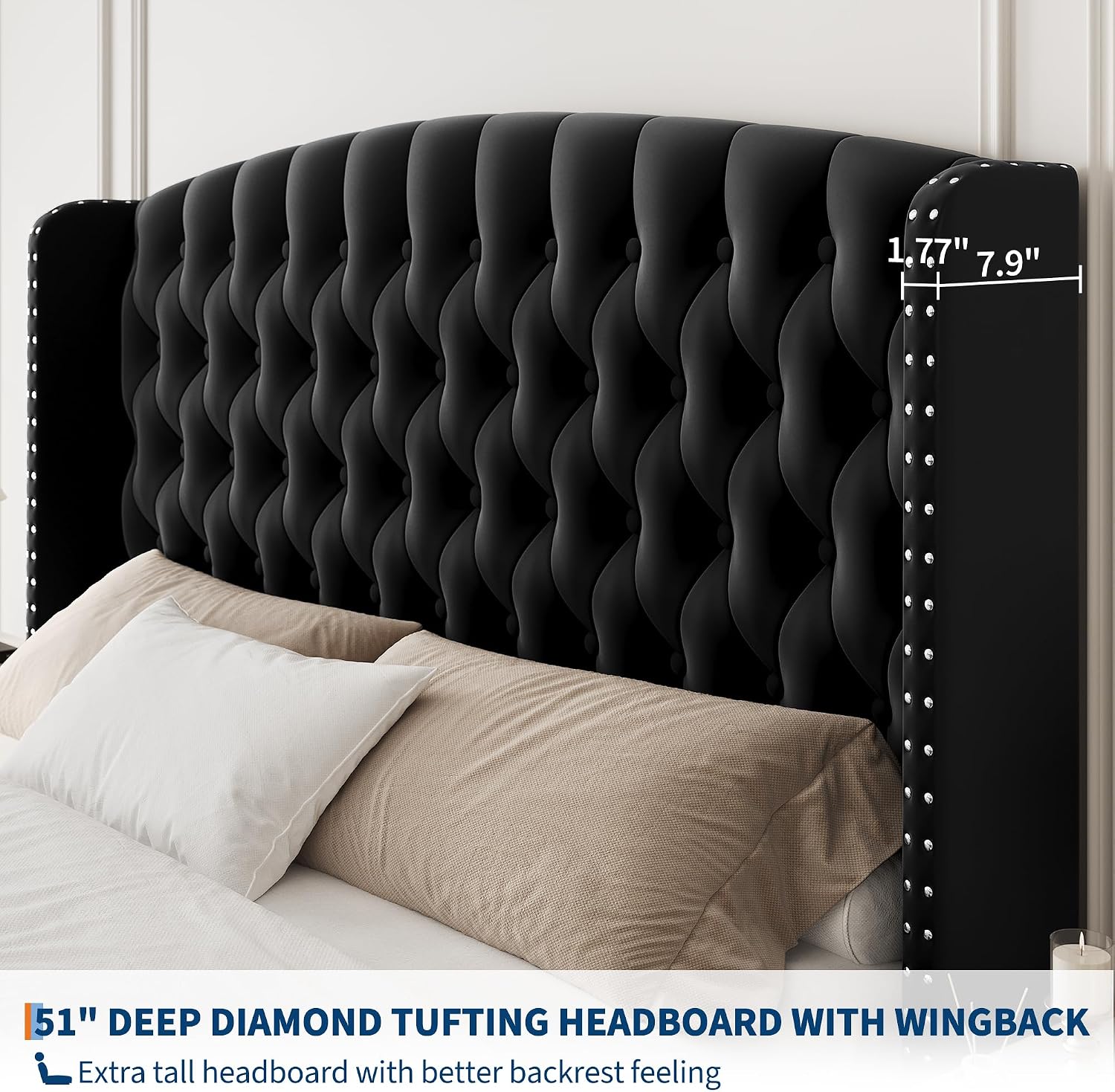 GarveeHome 51" Tall Queen Size Bed Frame with Wingback Headboard, Black