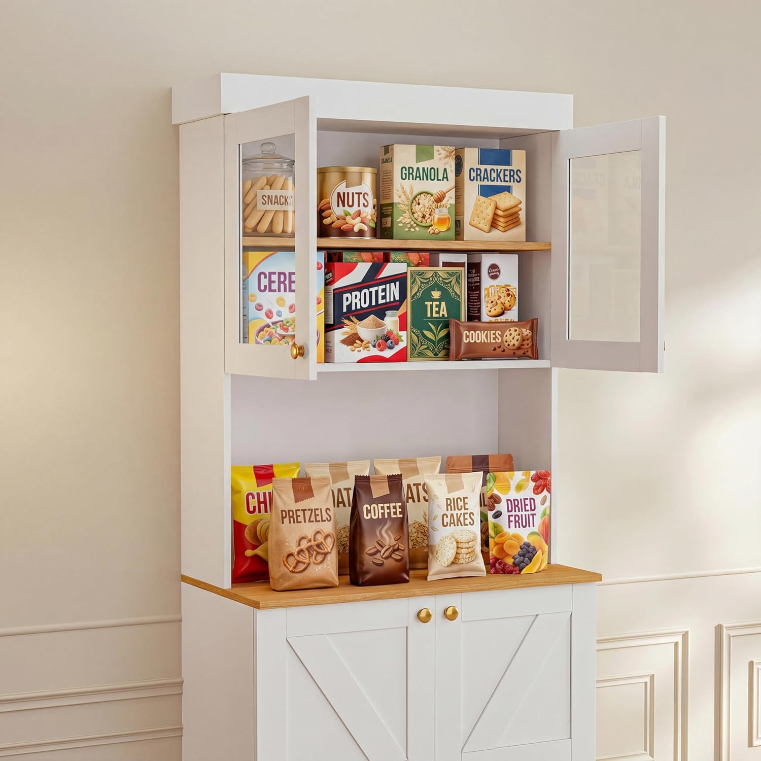 71" White Farmhouse Kitchen Pantry Cabinet Set of 3— Freestanding Coffee Bar with Glass Doors or Drawers, Microwave Stand, Large Storage Hutch with Adjustable Shelves for Kitchen, Living Room