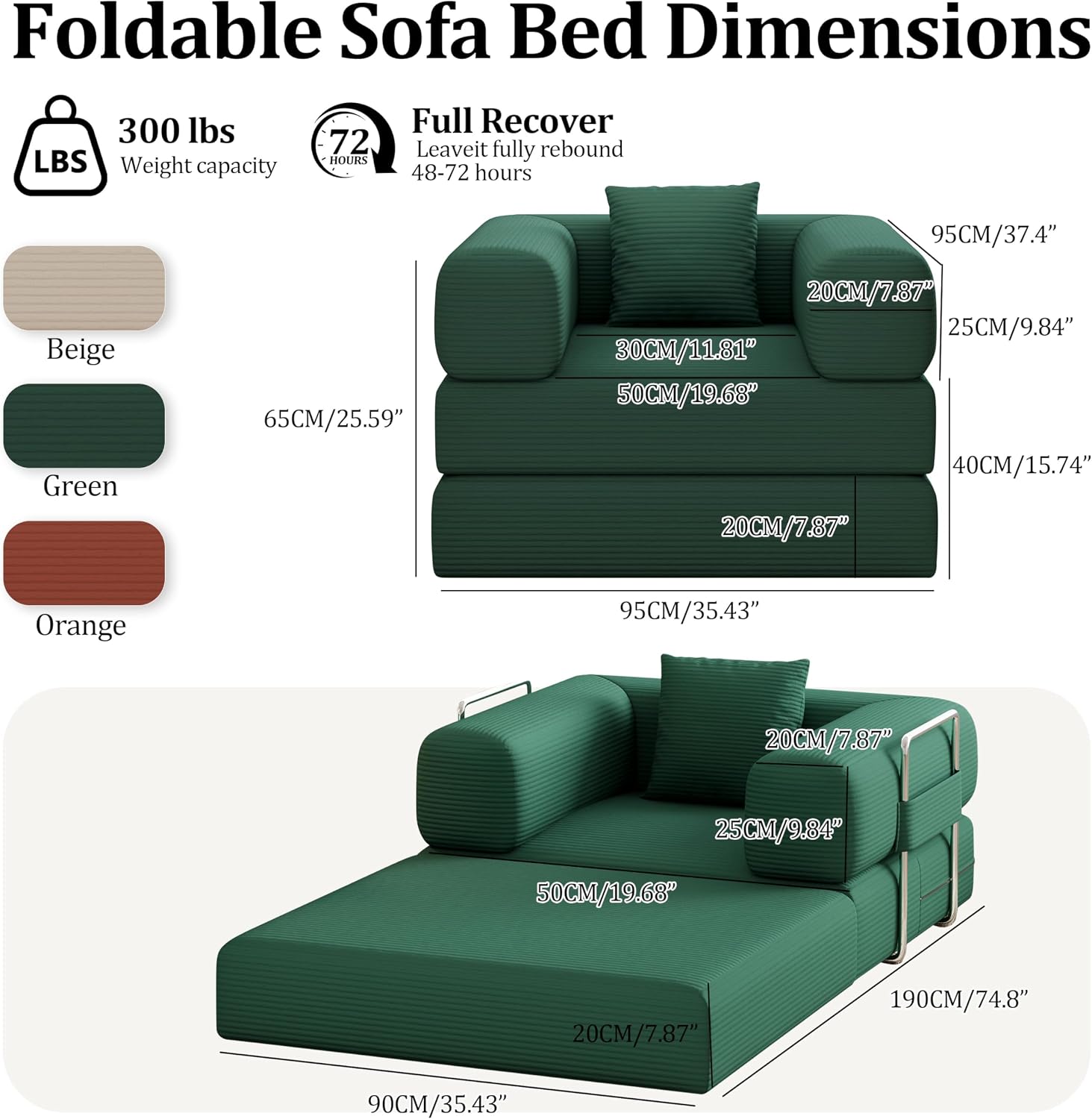 Single Couch Sofa for Small Spaces, 2-in-1 Single Sofa with Soft Corduroy Foldable Chair Lounger Sleeper Sofas for Small Apartment, Living Room, Home Office (Green, 35.43" Single Sofa)