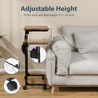 Adjustable Height Couch Table with USB-C Charging Station & Pocket Storage – Compact Couch Stand with Hooks & Wheels for Small Spaces & Living Room, Adjustable C Table (Rustic Brown)