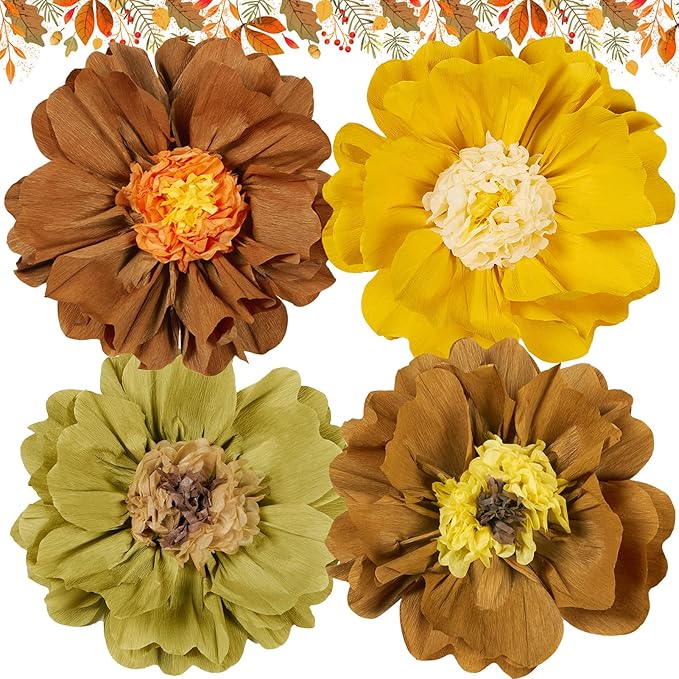 4 PCS 20" Brown Yellow Giant Paper Flowers Boho Baby Shower Party Decorations Thanksgiving Fall Autumn Large Tissue Pom Poms Neutral Floral Rustic Crepe Paper Flowers for Wall Birthday Wedding Garden