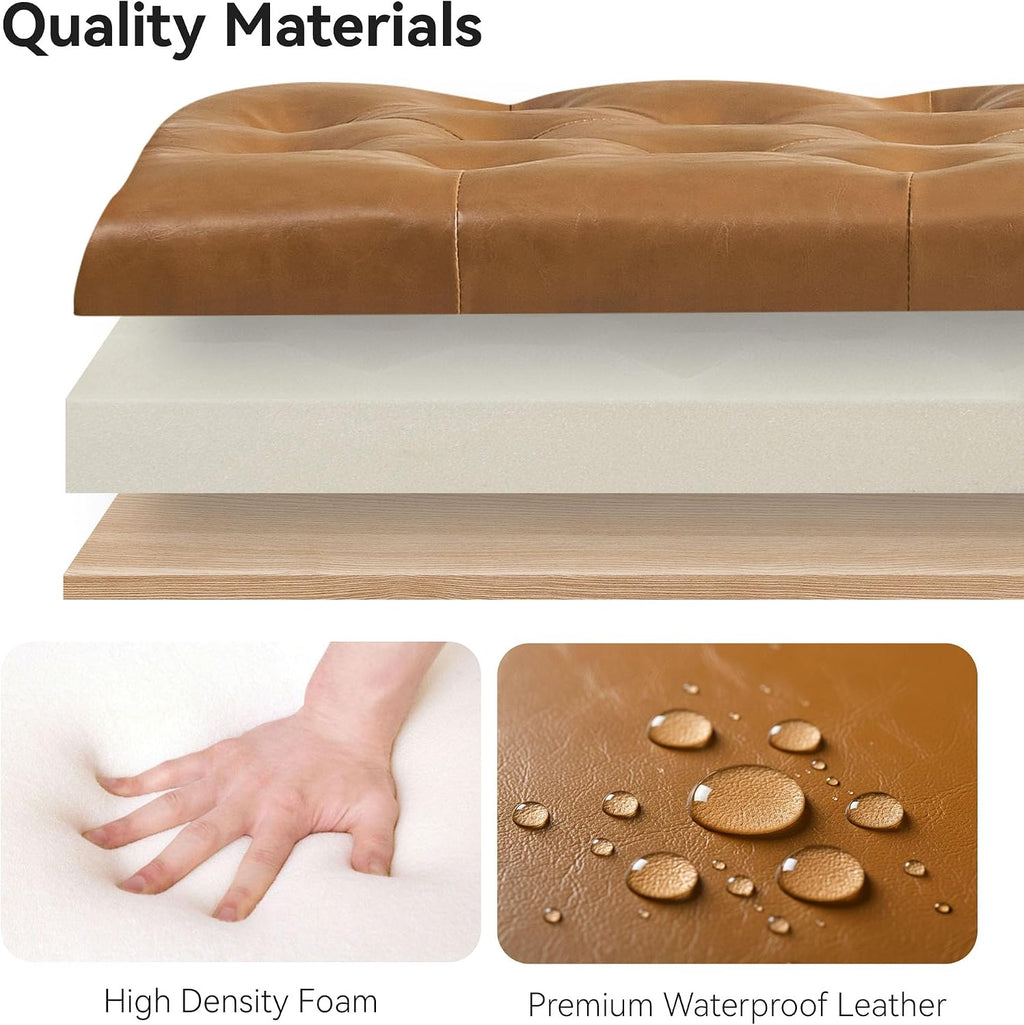 WUTUTUEE 47" Modern Water-Resistant Faux Leather Storage Ottoman Bench with Wooden Legs, Upholstered End of Bed Bench for Bedroom, Living Room or Entryway, Light Brown