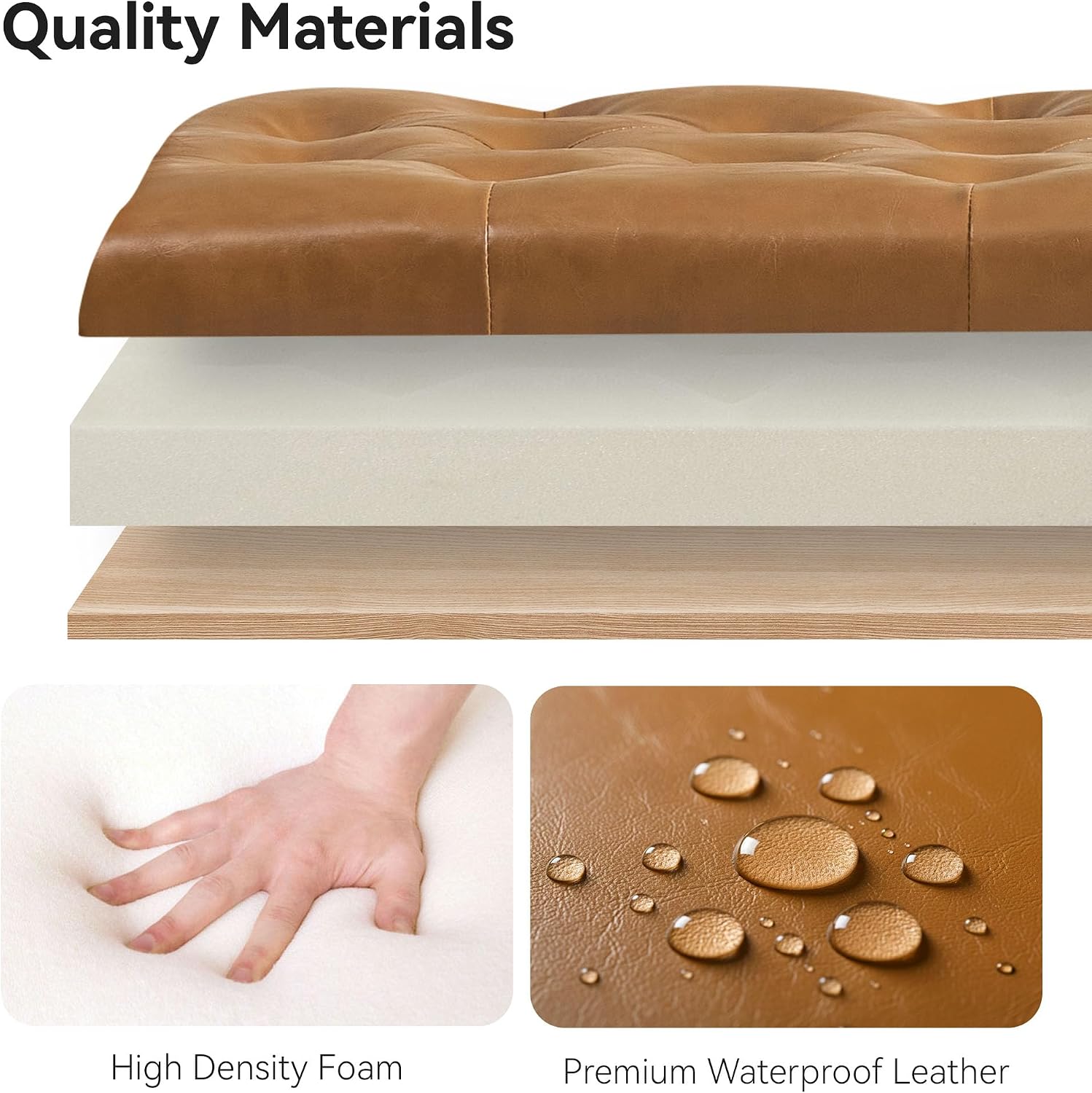 WUTUTUEE 47" Modern Water-Resistant Faux Leather Storage Ottoman Bench with Wooden Legs, Upholstered End of Bed Bench for Bedroom, Living Room or Entryway, Light Brown