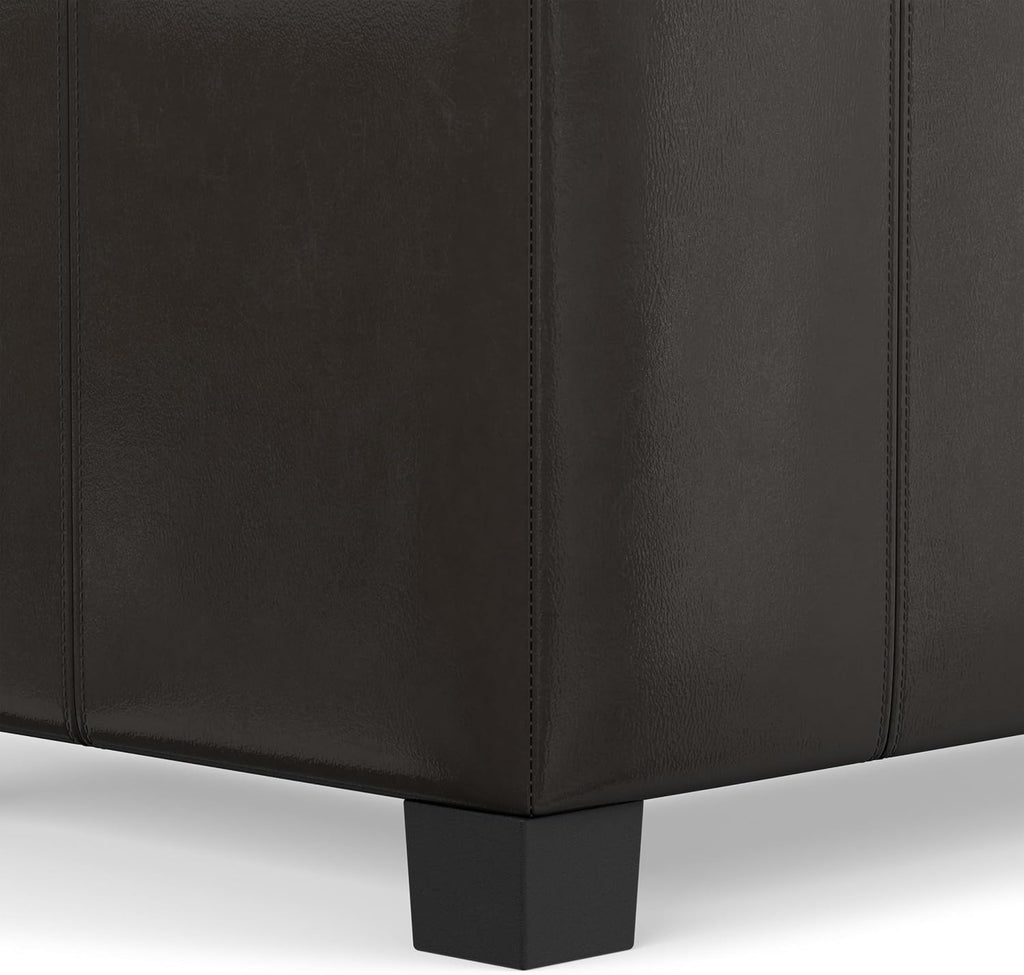 SIMPLIHOME Dover 36" Wide Vegan Leather Storage Ottoman in Tanners Brown | Contemporary ottoman with lift-top and safety hinges; upholstered rectangle storage bench for living room and entryway.