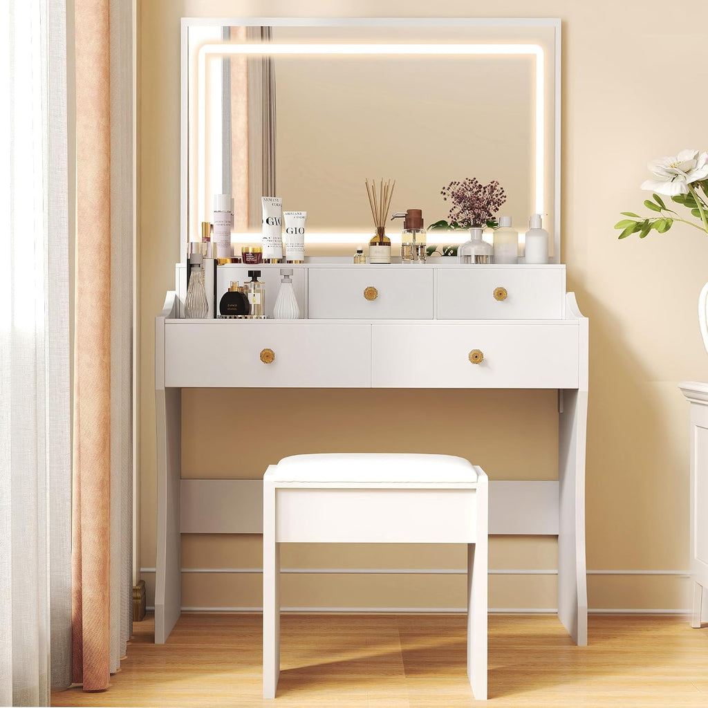 COMHOMA Makeup Vanity Desk with Mirror and Lights, Vanity Table and Chair Set with 5 Drawers & Charging Station, Modern Dressing Table for Girls, Stepless Dimmable & 3 Color Adjustable, Pearl White