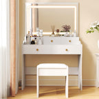 COMHOMA Makeup Vanity Desk with Mirror and Lights, Vanity Table and Chair Set with 5 Drawers & Charging Station, Modern Dressing Table for Girls, Stepless Dimmable & 3 Color Adjustable, Pearl White