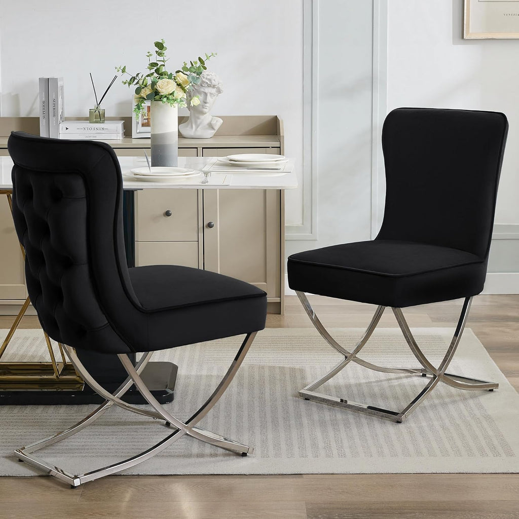 WUTUTUEE Luxury Velvet Dining Chairs, Tufted Upholstered Armless Accent Chairs with Silver Metal X-Legs, Modern Glam Dining Room Chair Set of 2, Black