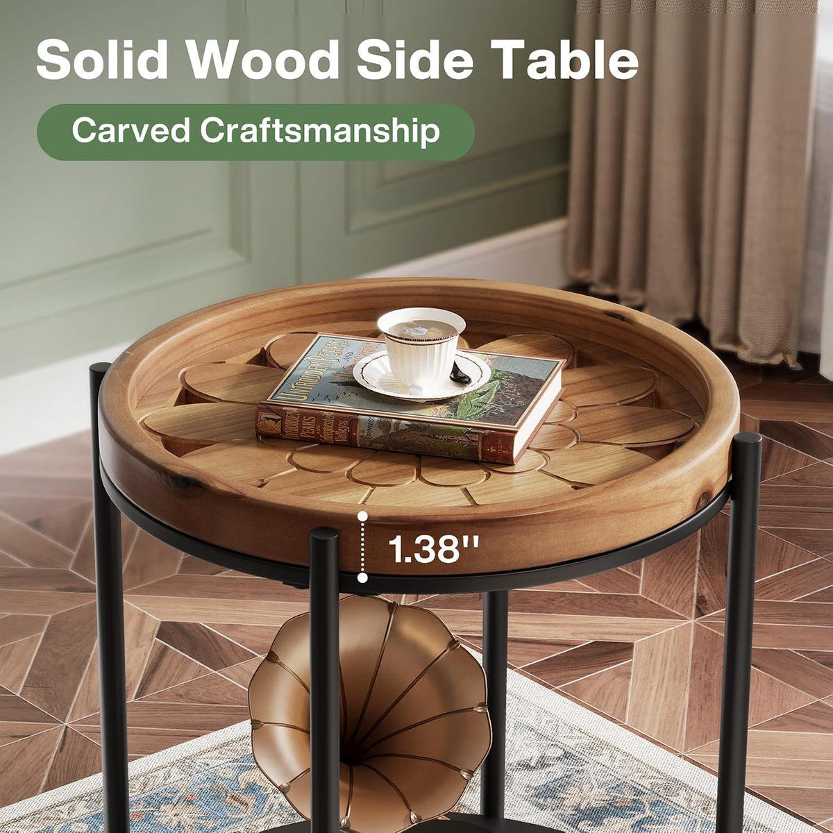 Tribesigns Round Side Table, 2-Tier End Table with Solid Wood and Metal, Industrial Nightstand for Small Spaces, Living Room, Bedroom, Study Room (Rustic Brown)