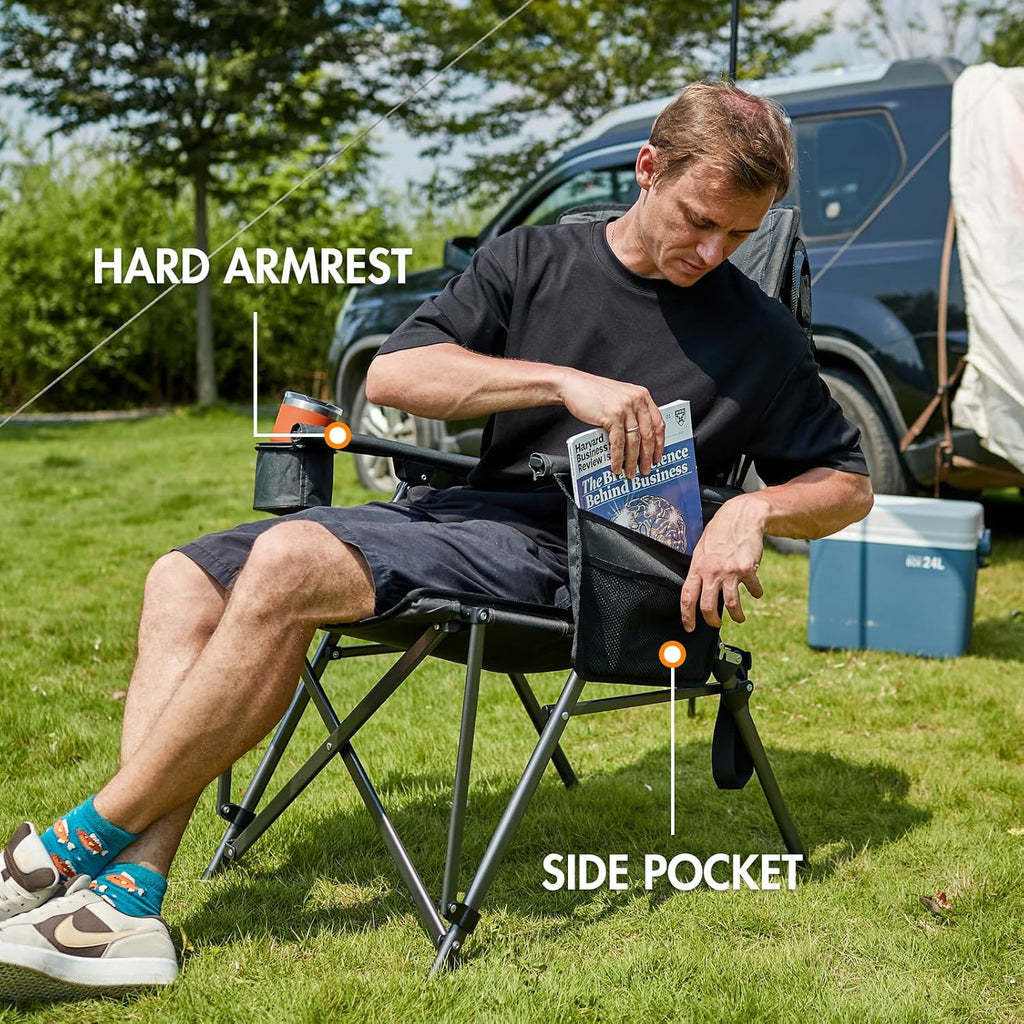 Portal Oversized Folding Camping Chair High Back Portable Lawn Chairs for Adults Outdoor Sports with Hard Armrest Cup Holder，Supports 400LBS, 2P Black
