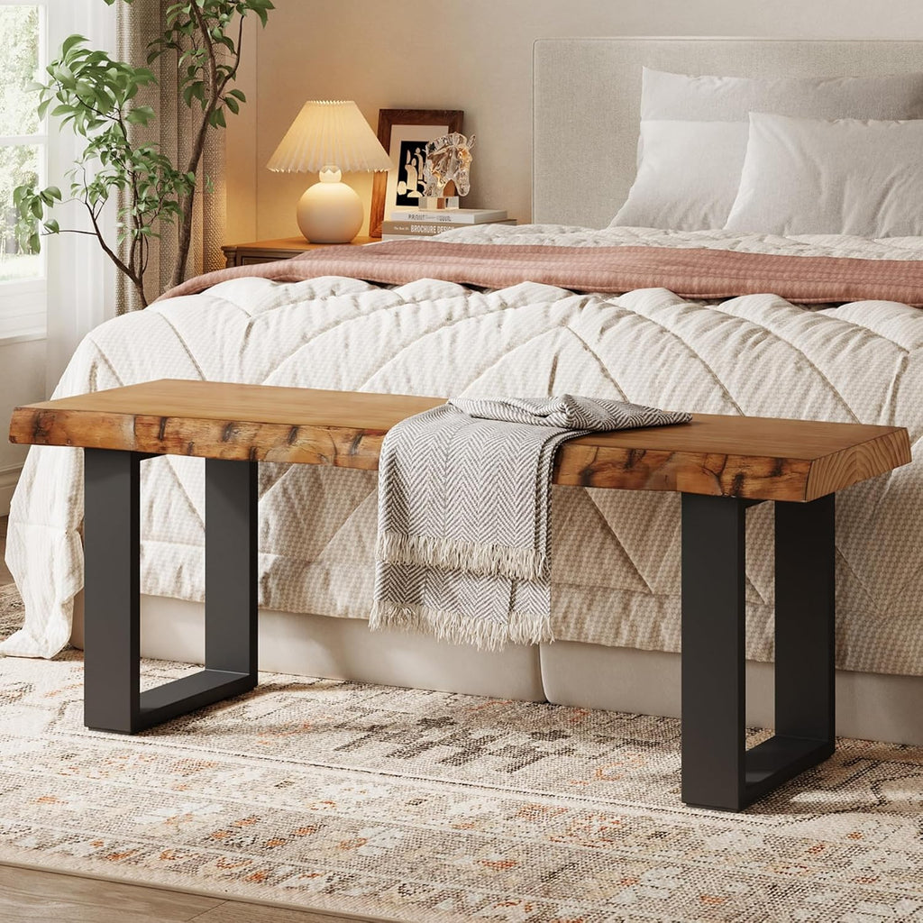 Solid Wood Dining Bench, 47'' Industrial Entryway Bench with Black Metal Legs, Narrow Long End of Bed Bench for Bedroom, Kitchen, Living Room, Hallway, Easy Assembly