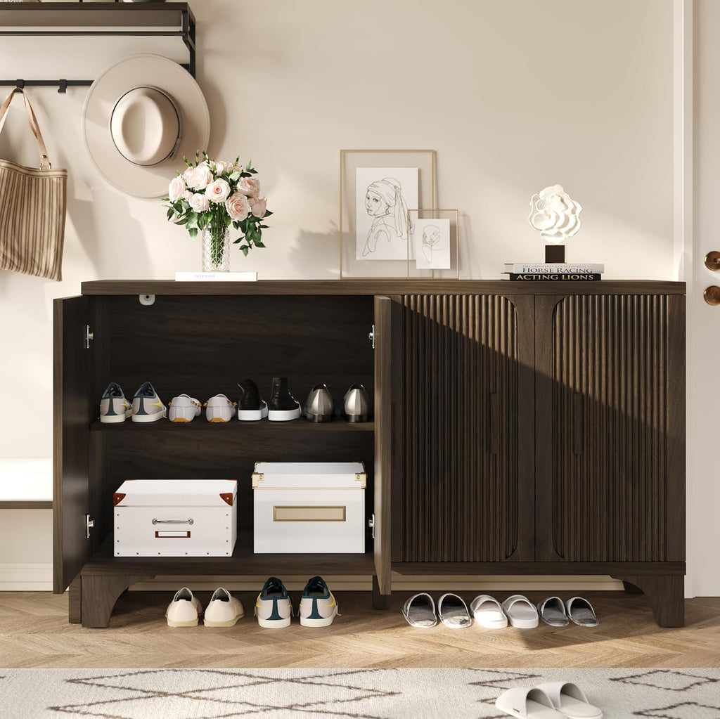 Mid Century Modern Fluted Buffet Cabinet with Storage, Accent Sideboard and Credenza Storage Cabinet with Doors, Wood Coffee Bar Console for Kitchen, Living Room (Dark Brown, 55" 4-Door)