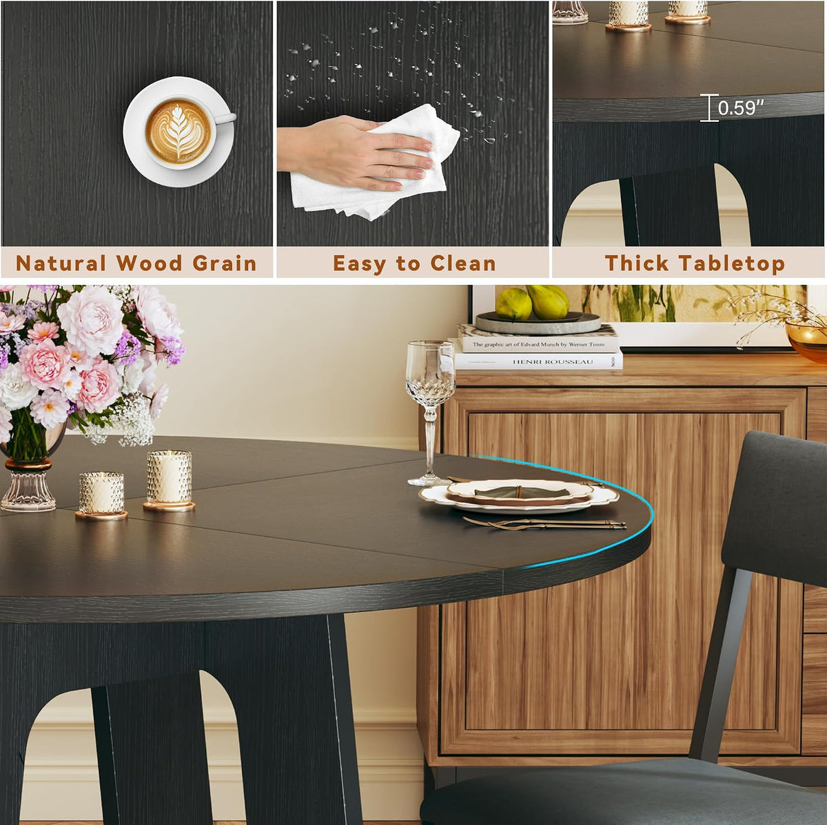 HUAHUU Round Dining Table Set for 4, 5-Piece Kitchen Table and Chairs for 4, 47'' Round Dining Room Table Set with 4 Chairs, Space Saving Dining Table with Wood Base for Kitchen, Living Room, Black