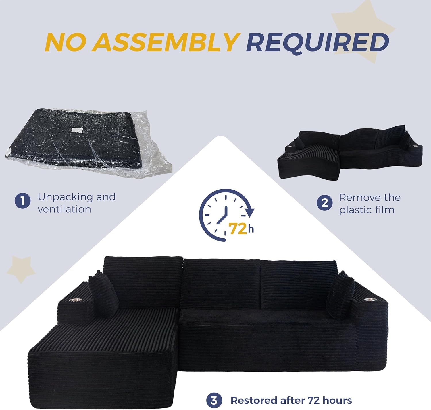 MAXYOYO 104" Modular Sectional Couch with L-Shape Chaise, Modern Couch for Living Room, Sofa in A Box, Oversized Sofa with Deep Seat, No Assembly Required, Black