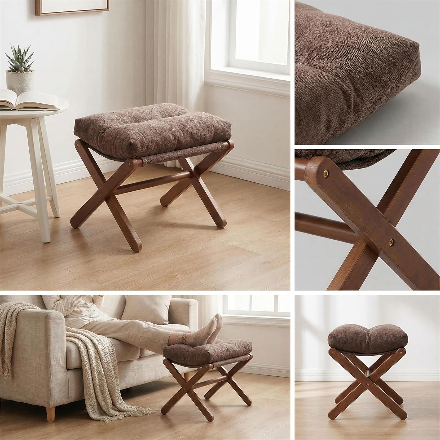 Baveke Ottoman Foot Rest- Bamboo Foldable Stool, Foot Stools Small Ottman with Upholstered & X Legs, Folding Stool for Makeup, Bedroom and Living Room, FSC-Certified (Small Brown)