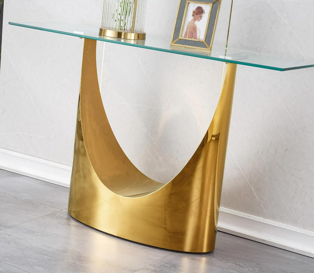 Luxury Gold Glass Console Table, Modern 47" Rectangle Entryway Table with Mirrored U-Shape Stainless Steel Base, Clear Glass Sofa Tables Behind The Couch Hallway Tables for Living Room