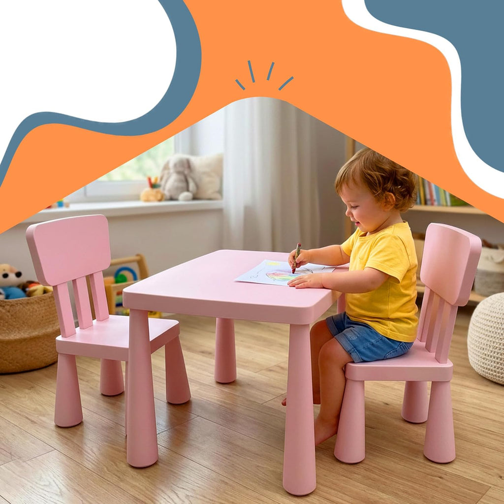 Relaxdays Children's Furniture Set, 1 Children's Table, 2 Chairs, Wipe-Clean, Lightweight Plastic, Seating Corner for Children's Room, Pink