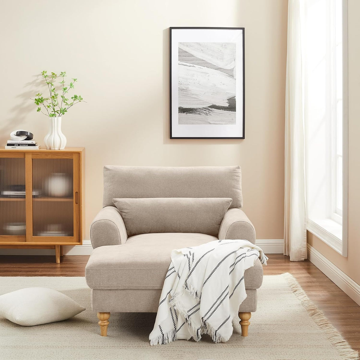 Modern Chaise Lounge Chair with Adjustable Backrest, Upholstered Indoor Leisure Sofa Recliner, Oversized Accent Chair Deep Seat Reading Armchair for Living Room, Bedroom, Office, Light Khaki