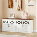Hzuaneri 47.2" Shoe Storage Bench, Farmhouse Shoe Bench with Cushion & Door | 2-Tier Farmhouse Wooden Storage Bench with Padded Cushion , for Bed end bench, Entryway, Living Room, Rustic White SB61214KA