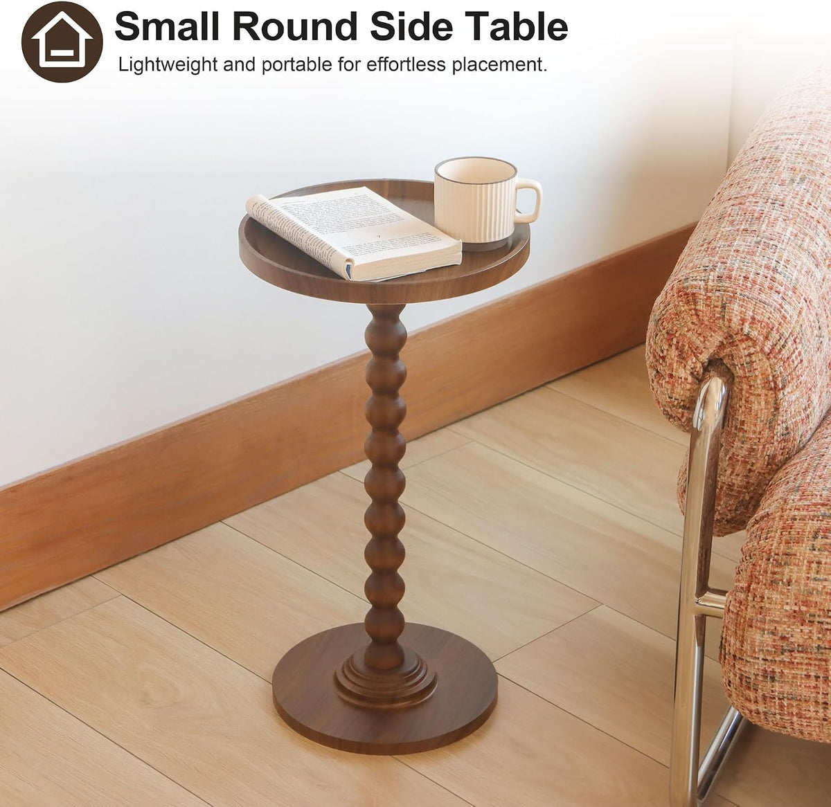 AWASEN Small Side Table, Round Drink Table for Small Spaces, Round Accent End Table Living Room, Nightstand for Bedroom, Corners, Office, Walnut Brown