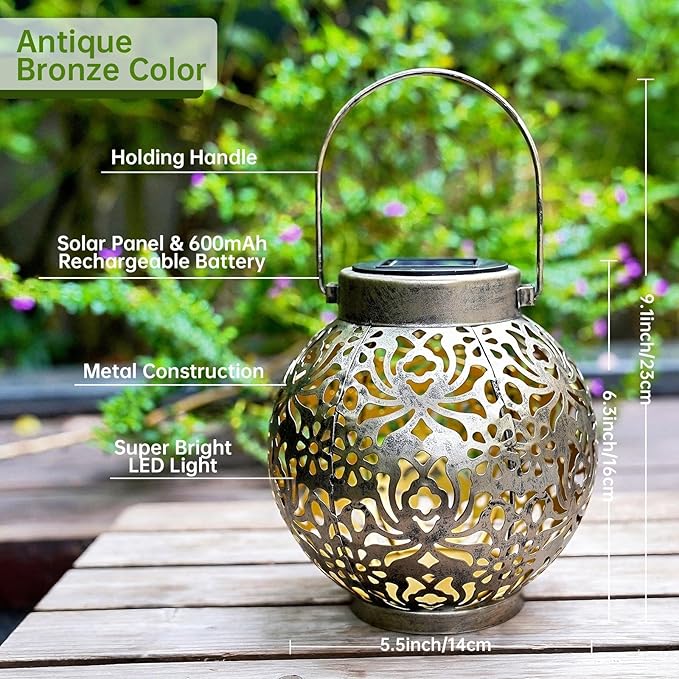 Outdoor Solar Hanging Lantern Lights Metal LED Decorative Lamp for Garden Patio Courtyard Lawn and Table with Hollowed-Out Design (Antique Bronze)