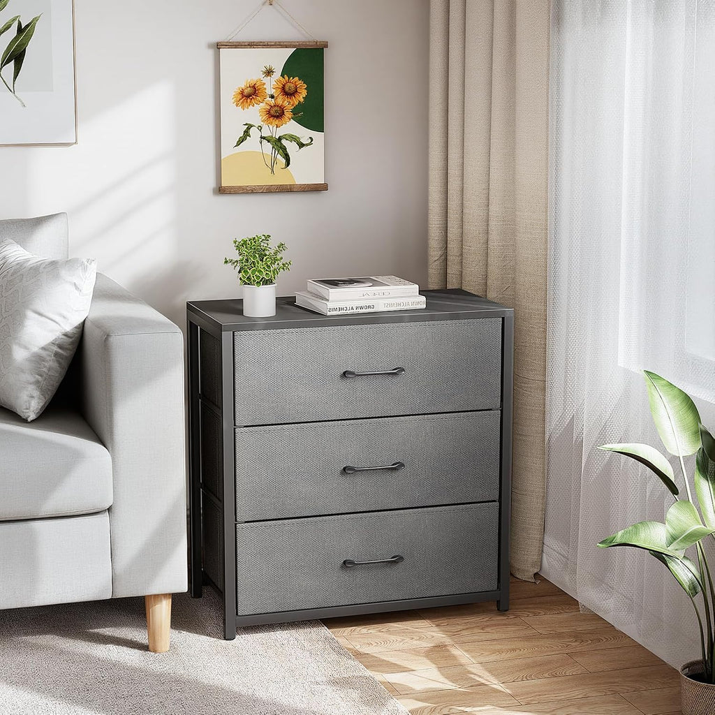 Memobarco Nightstand with 3 Fabric Drawers, Storage Dresser, Gray | Storage Drawers, side Table, End Table, Fabric Drawers, Wood Top, Metal Frame, Bedroom, Closet, Living Room
