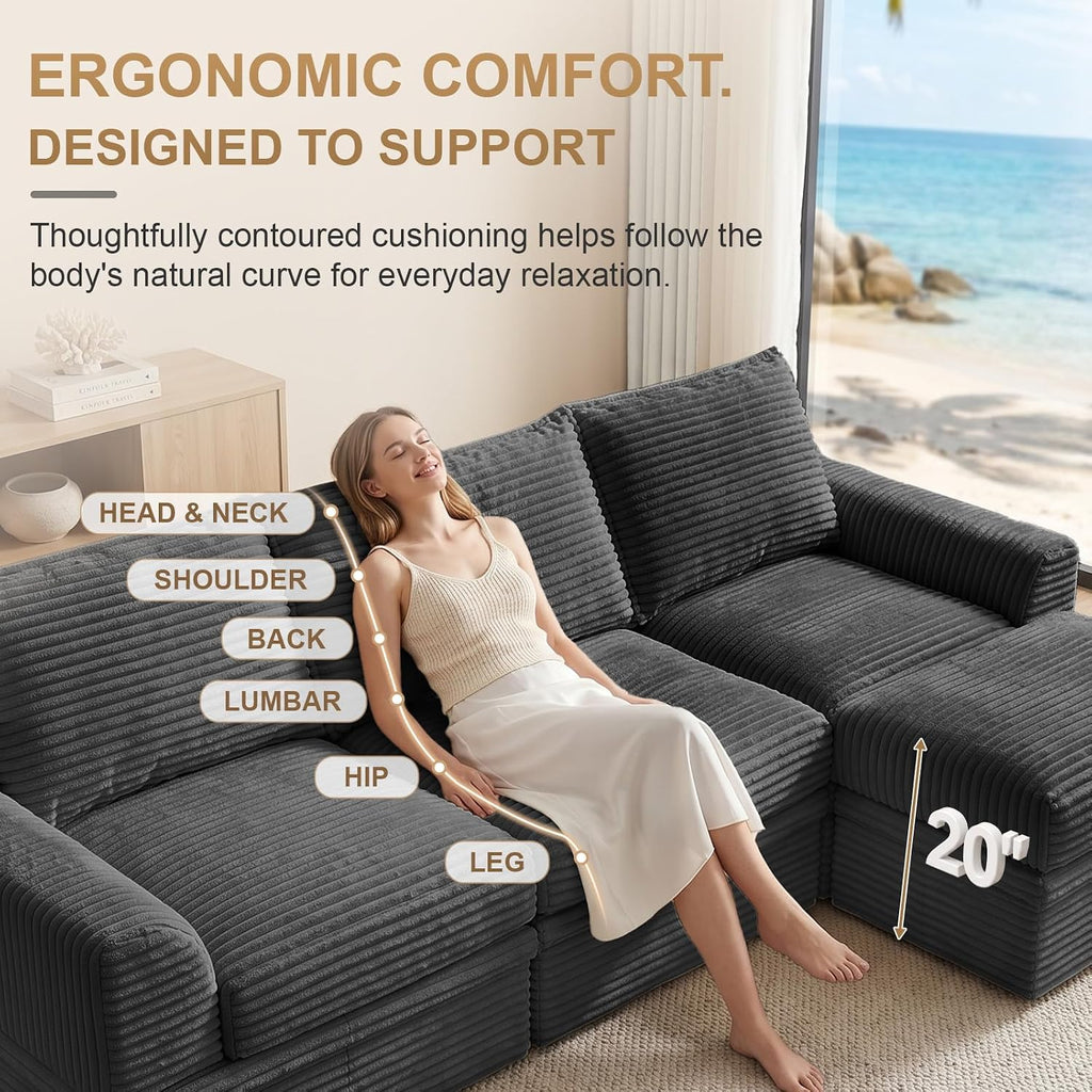 142" Upgraded Couch with Storage, Modular Sectional Couches for Living Room, Oversized Deep Seat 6-Seat U Shaped Cloud Sofa with Ottoman & Pillows,Corduroy,No Assembly (Gray)