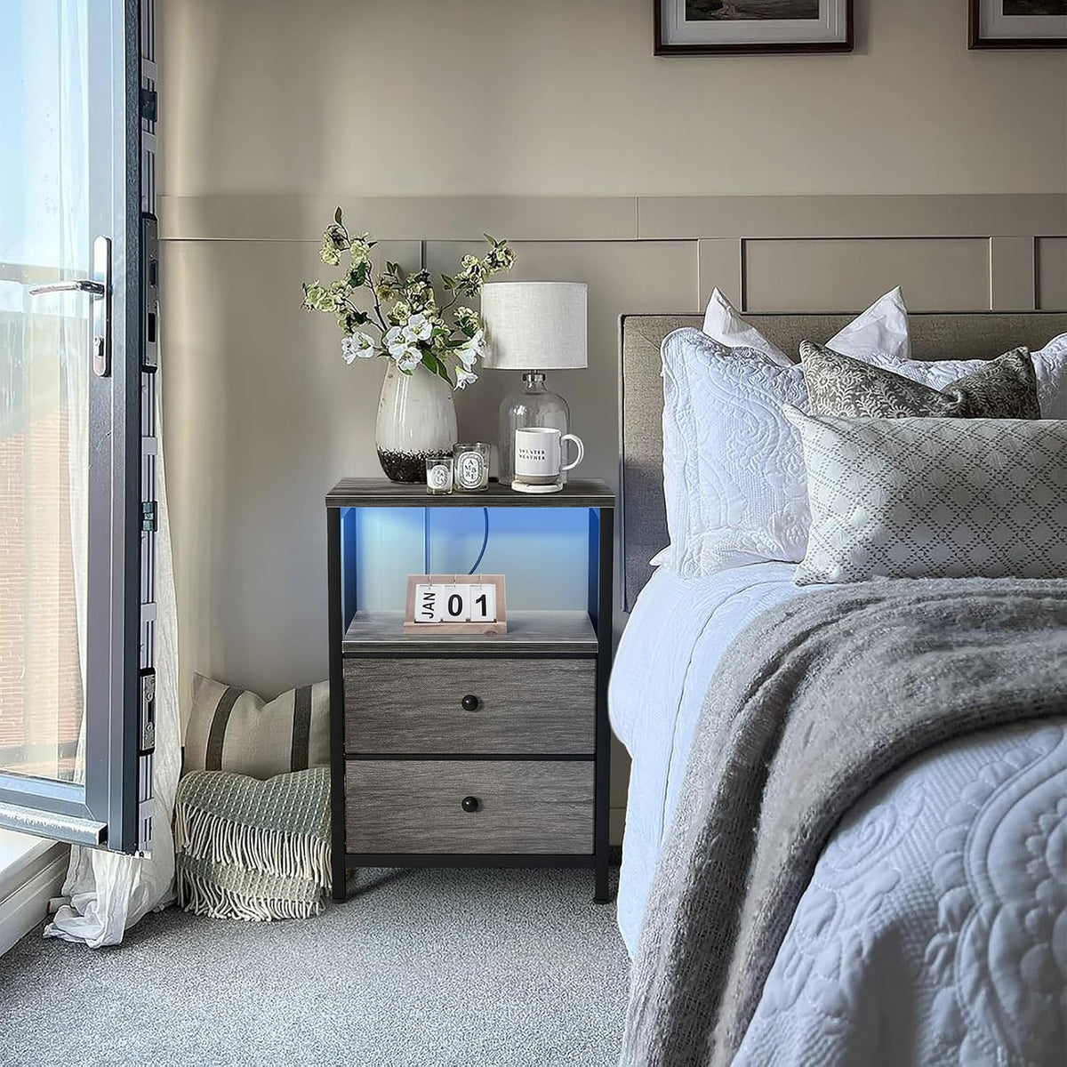 BOLUO Gray Nightstand with Charging Station, LED Night Stand with 2 Fabric Drawers, Bedside Table with USB Ports and Outlets, Nightstand for Bedroom Modern