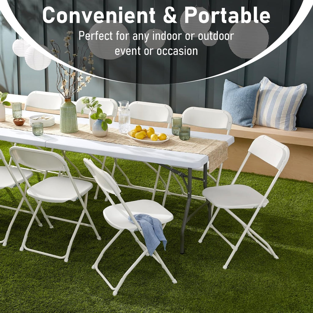 6FT Folding Table,Portable White HDPE Utility Table with Carry Handle | Durable HDPE tabletop.Reinforced steel frame with safety locking legs.Fold in half design with carry handle.Weather resistant