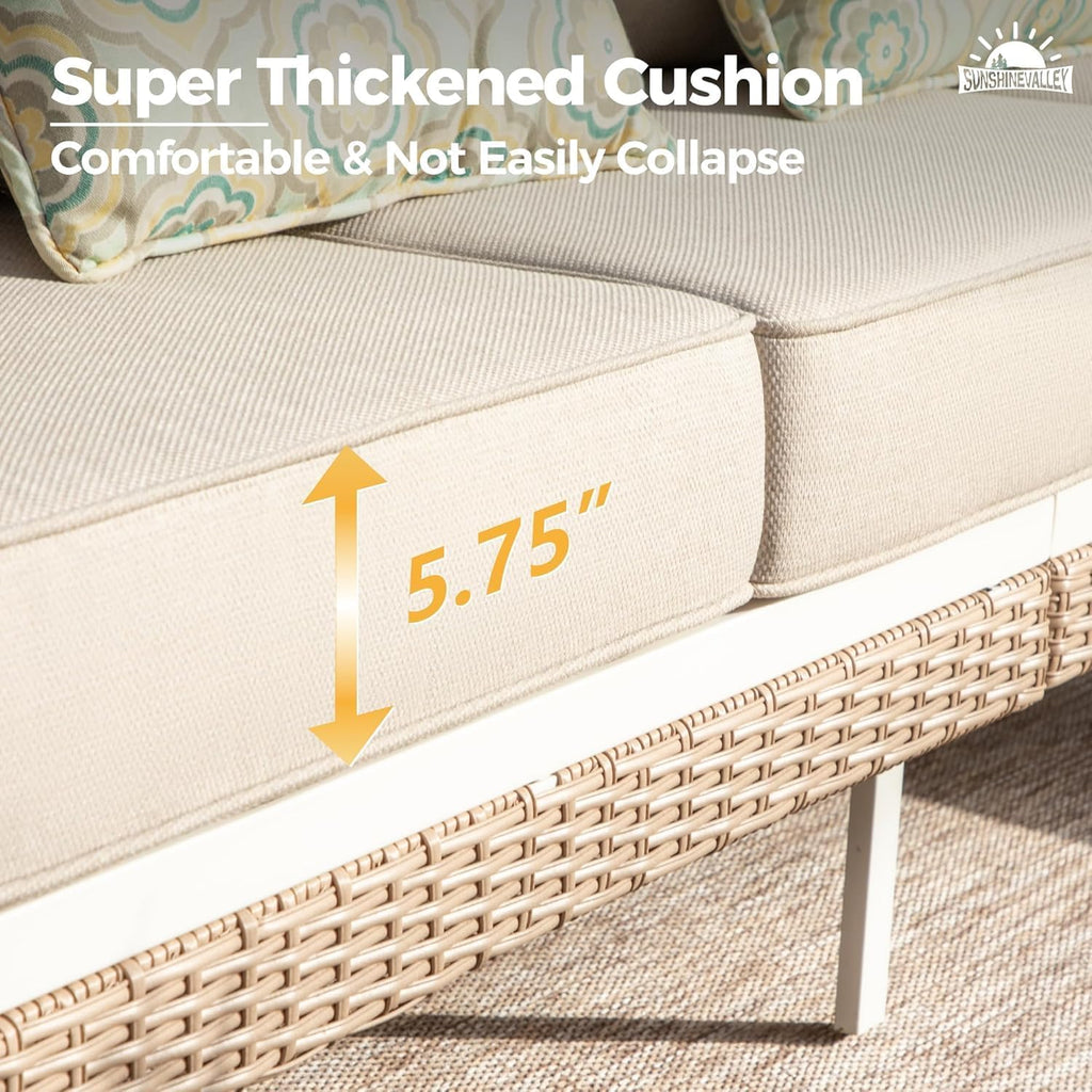 SUNSHINE VALLEY Metal Patio Furniture Sofa with 5.75" Extra Thick Cushion, 3-Seater Deep Seating & High-Back White Frame Outdoor Couch All Weather Outdoor Seating for Deck Gazebo Porch, Beige