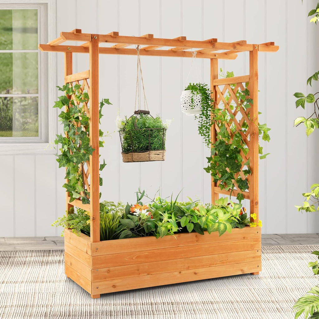 S AFSTAR Raised Garden Bed with Arch Trellis, Wood Planter Box with Hanging Roof, Side Trellis, 4 Drainage Holes, Above Ground Elevated Garden Bed for Outdoor Climbing Plants Vines Patio