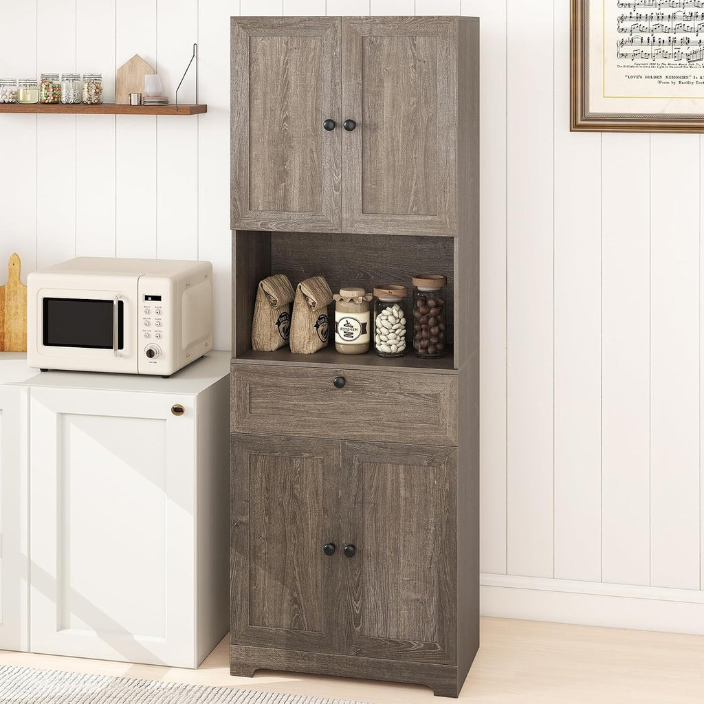GOFLAME 67.5" Tall Pantry Cabinet, Freestanding Kitchen Pantry Cupboard with 4 Doors, 1 Drawer, & Open Compartment, Floor Storage Cabinet with Adjustable Shelf for Bathroom, Living Room (Gray Oak)