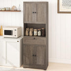 GOFLAME 67.5" Tall Pantry Cabinet, Freestanding Kitchen Pantry Cupboard with 4 Doors, 1 Drawer, & Open Compartment, Floor Storage Cabinet with Adjustable Shelf for Bathroom, Living Room (Gray Oak)