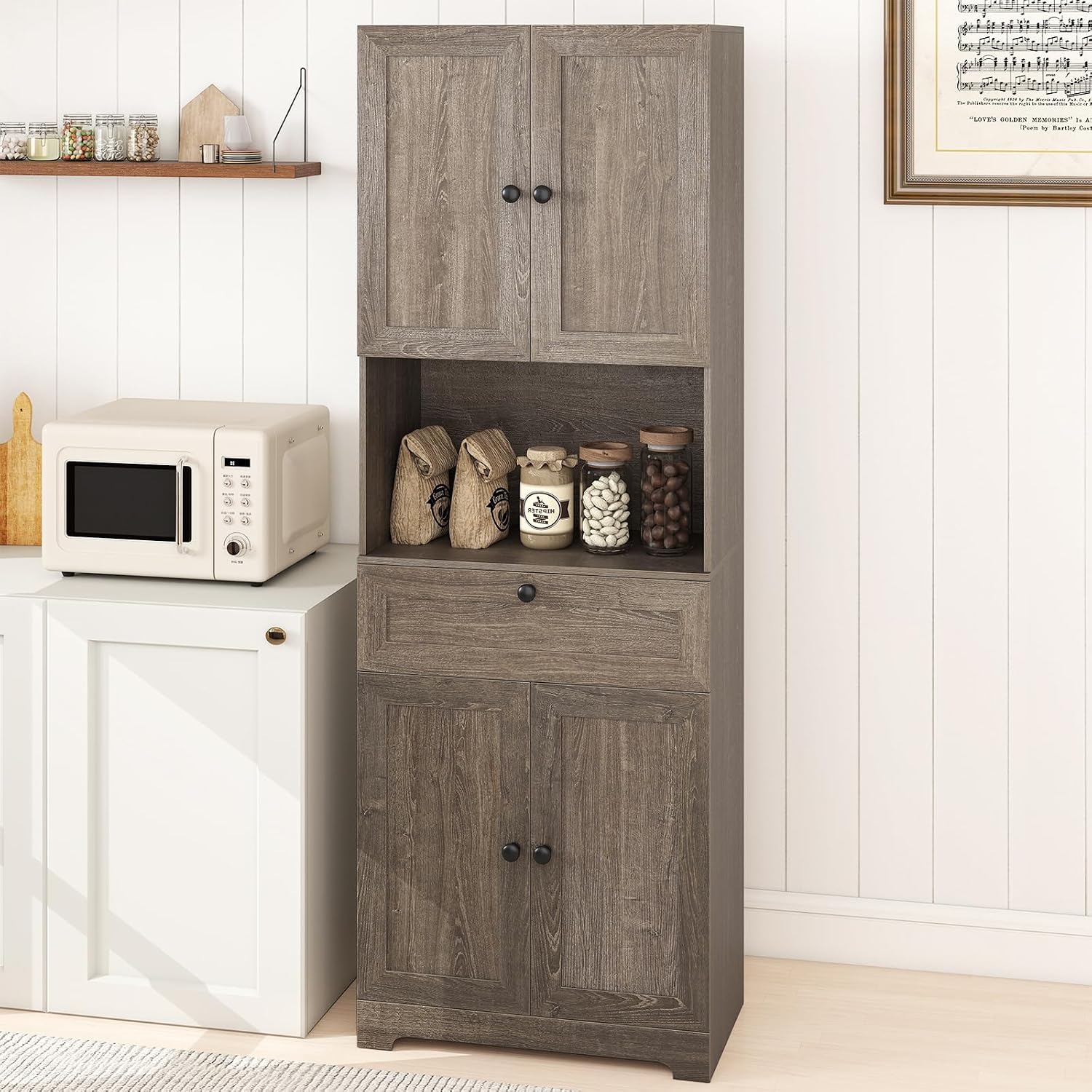 GOFLAME 67.5" Tall Pantry Cabinet, Freestanding Kitchen Pantry Cupboard with 4 Doors, 1 Drawer, & Open Compartment, Floor Storage Cabinet with Adjustable Shelf for Bathroom, Living Room (Gray Oak)