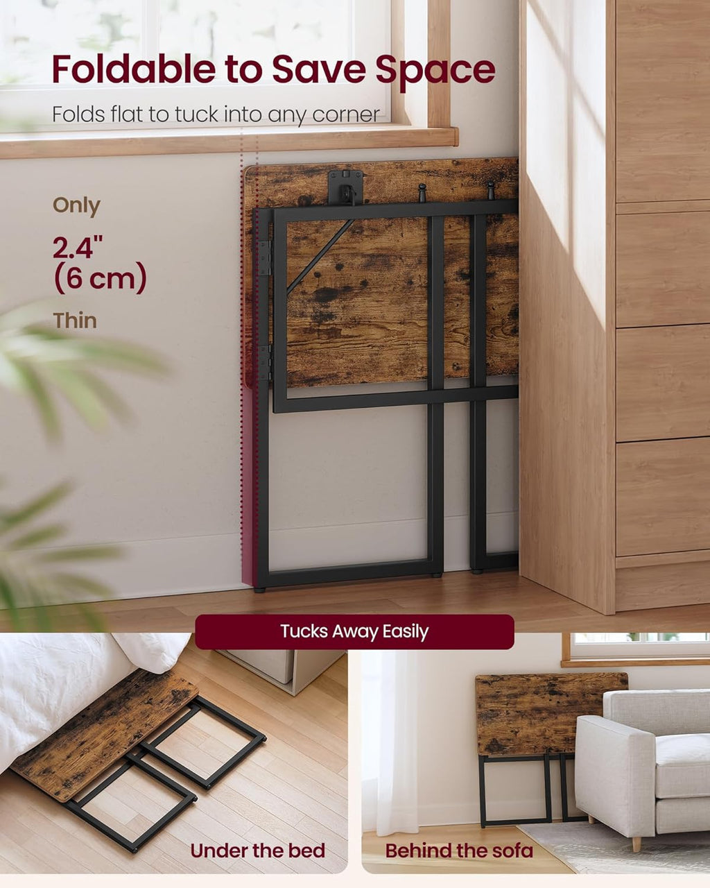 VASAGLE Folding Desk, Small Computer Desk, Foldable Table 31.5 Inch | One-Piece Desktop,Folding Table for Bedroom, Balcony, Camping, Easy Assembly, Rustic Brown, ULWD151KD01