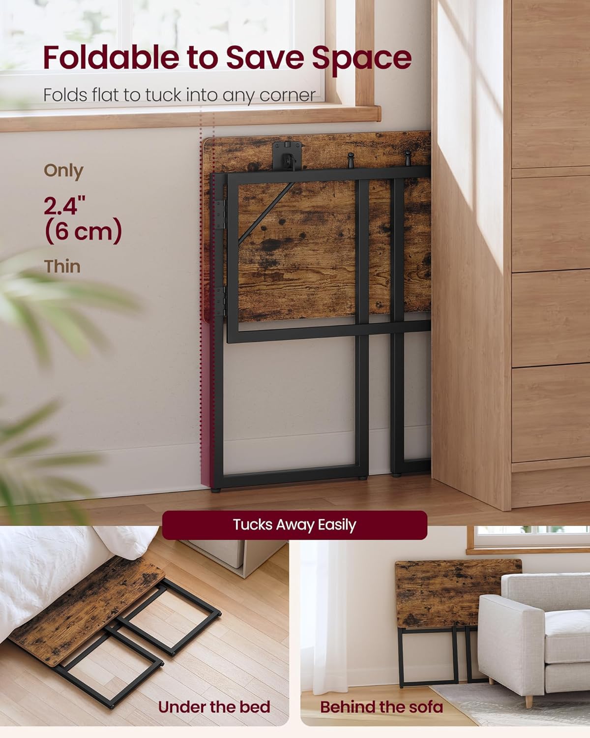 VASAGLE Folding Desk, Small Computer Desk, Foldable Table 31.5 Inch | One-Piece Desktop,Folding Table for Bedroom, Balcony, Camping, Easy Assembly, Rustic Brown, ULWD151KD01