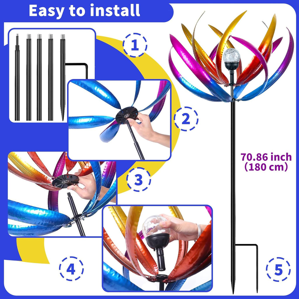 Wind Spinners Outdoor for Yard and Garden - Wind Sculptures & Spinners - 70 Inch Wind Spinner with Solar Powered Multi-Color Glass Ball Light for Yard Garden Backyard Lawn Decorations
