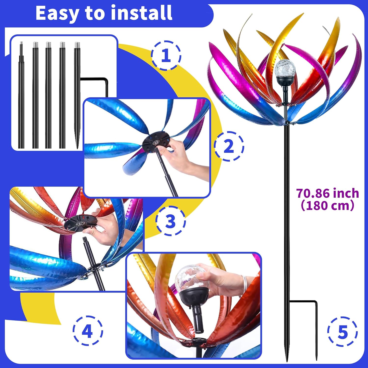 Wind Spinners Outdoor for Yard and Garden - Wind Sculptures & Spinners - 70 Inch Wind Spinner with Solar Powered Multi-Color Glass Ball Light for Yard Garden Backyard Lawn Decorations