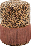 Round Leopard Print Fringe Ottoman with Storage, Farmhouse Tassel Velvet Footrest Stool, Flip Top Vanity Ottoman Chair for Living Room Bedroom