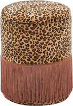 Round Leopard Print Fringe Ottoman with Storage, Farmhouse Tassel Velvet Footrest Stool, Flip Top Vanity Ottoman Chair for Living Room Bedroom