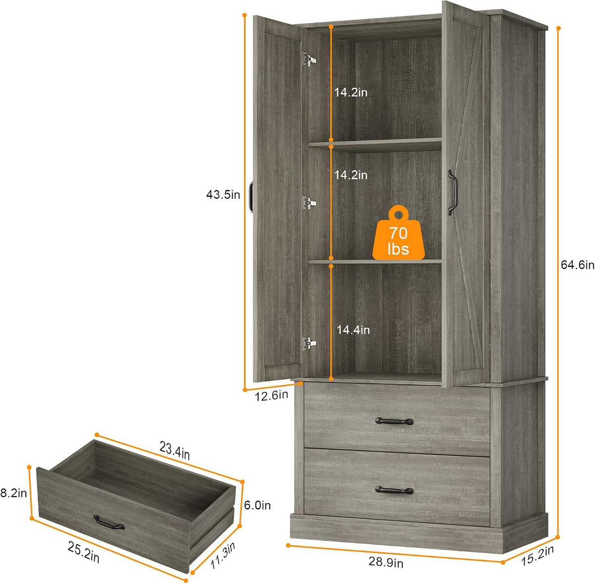 Farmhouse Kitchen Pantry Cabinet with Classic Barn Doors – Freestanding Storage Cabinet with Adjustable Shelves & 2 Large Drawers, Versatile Kitchen Cupboard for Dining Room, Grey