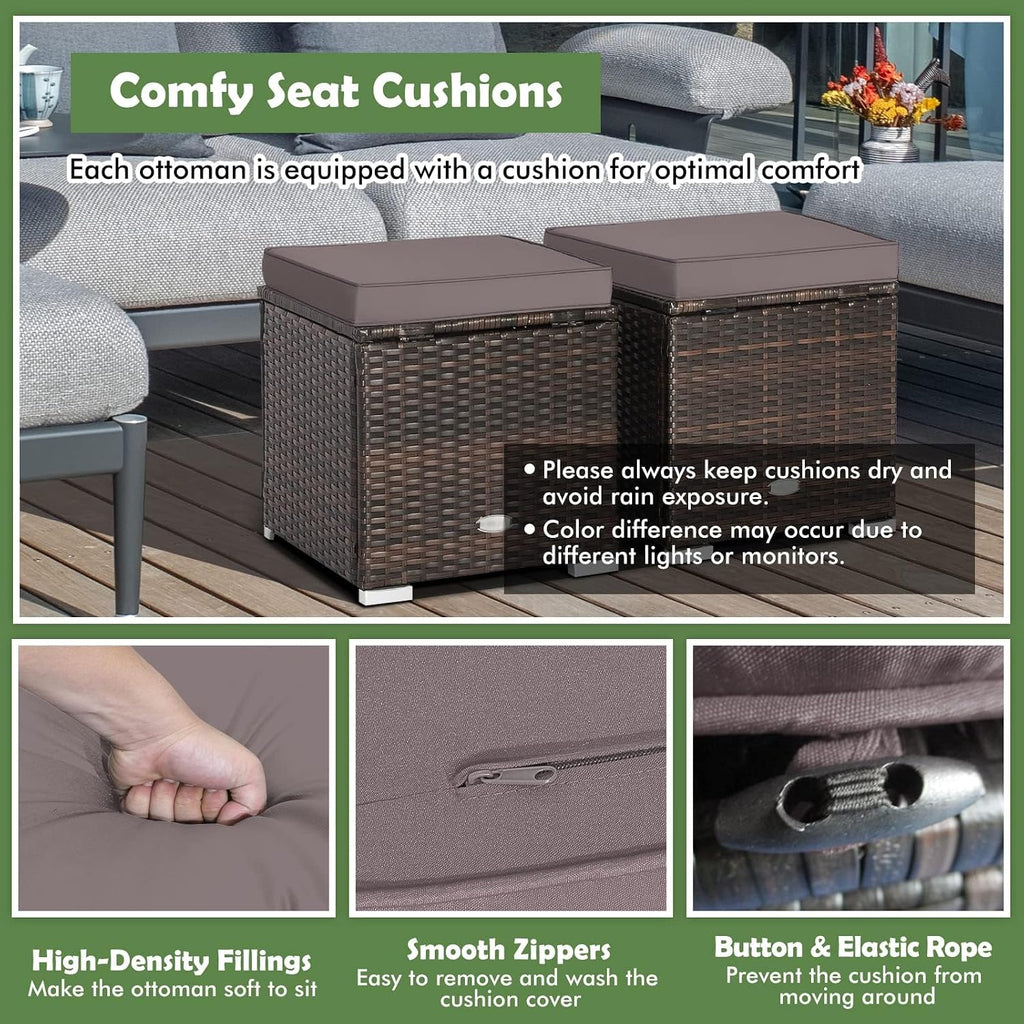 HAPPYGRILL 2PCS Patio Ottoman Set Outdoor Wicker Stool with Storage, Rattan Footrest Ottoman with Solid Metal Frame and Cushion for Backyard Poolside Garden Porch Balcony