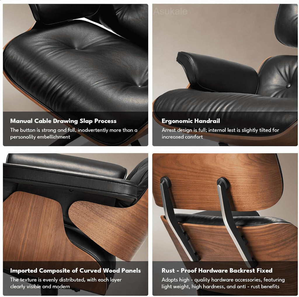 Top Grain Leather, Mid Century Chaise Lounge Chair Indoor, Chair with Ottoman, Reading Chair, Leather Accent Chair, Modern Arm Chair, Classic Design, Heavy Duty Base Support for Living Room, Walnut